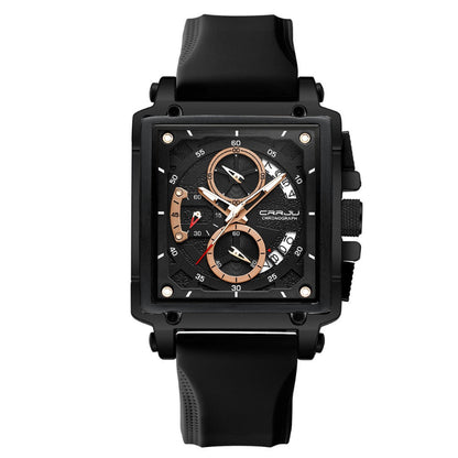 Black wristwatch with detailed face on a white background