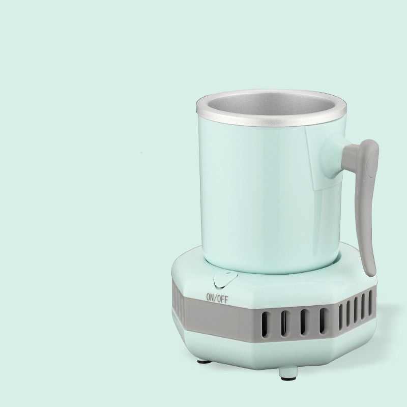 Mint green and gray electric mug cooler on a light blue background