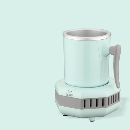 Mint green and gray electric mug cooler on a light blue background