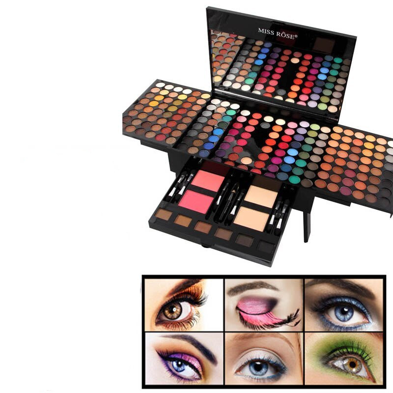 Color eyeshadow and blush palette with mirror and accessory compartment, showing many pan shades