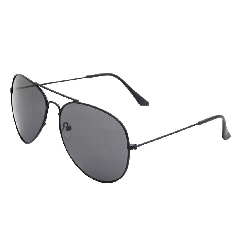 Aviator sunglasses with black frames and dark lenses on a white background