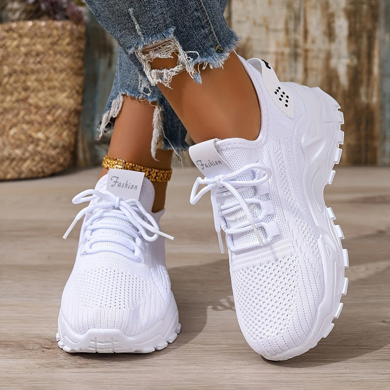 White knit lace-up sneakers with white chunky sole and gold anklet