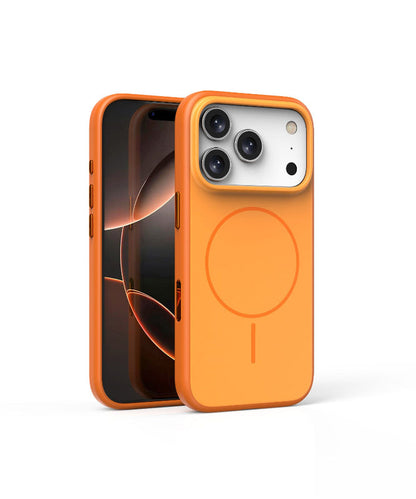 Orange phone case with circular button detail and raised camera cover