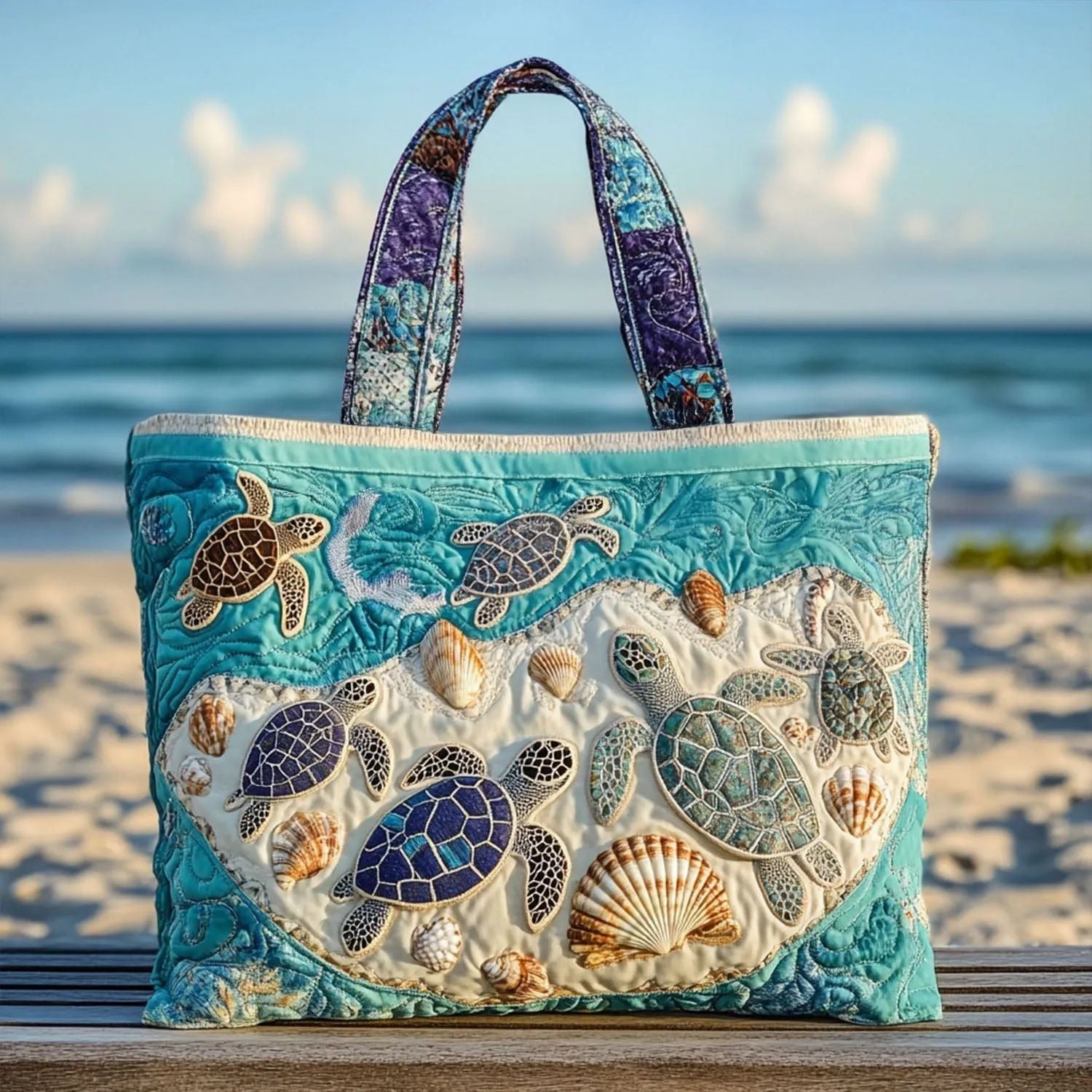 Quilted printed tote bag with sea turtle and shell pattern