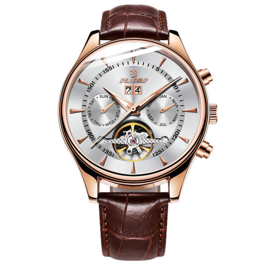 Men's waterproof skeleton mechanical watch with brown leather strap, rose-gold case, white dial