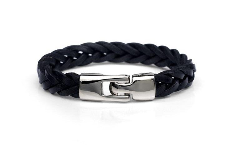 Black braided leather bracelet with a silver clasp on a white background