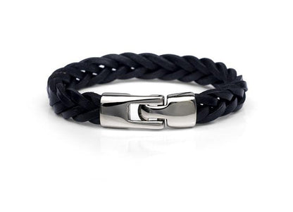 Black braided leather bracelet with a silver clasp on a white background