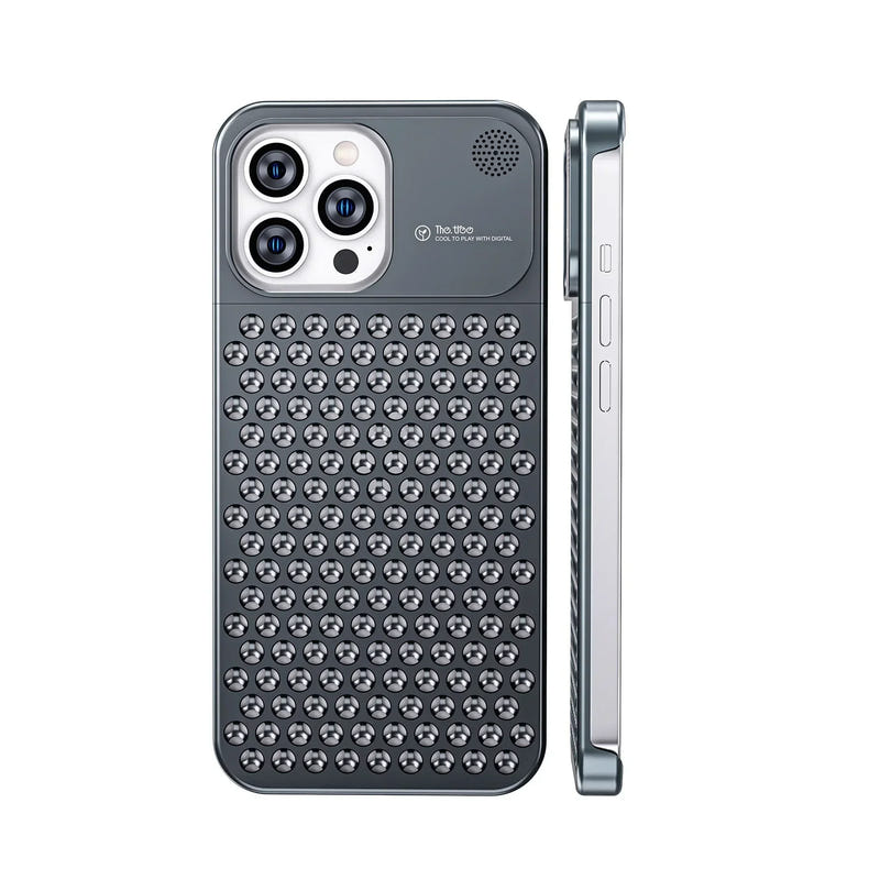 Silver aluminum phone case with perforated texture, dual camera cutout, side buttons