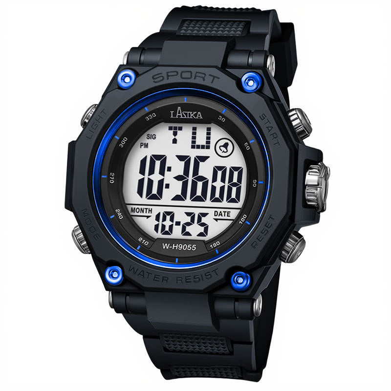 Black sports watch with large round digital display and blue accent screws, silicone strap