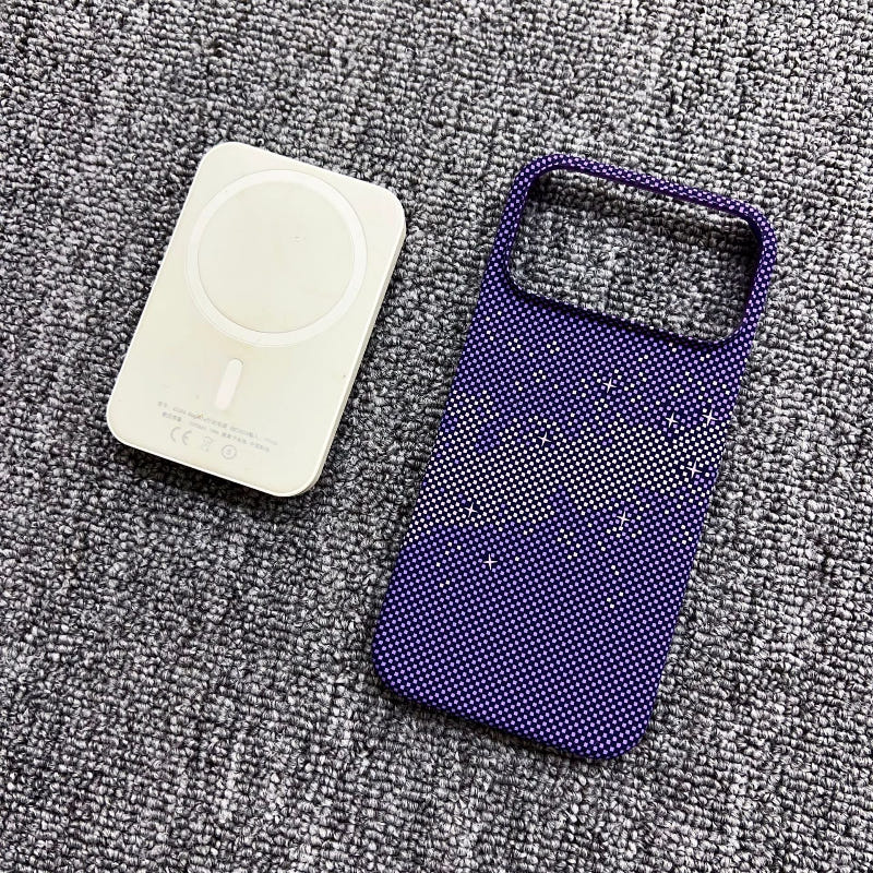 Magnetic iPhone case in deep purple with star pattern and rectangular camera cutout