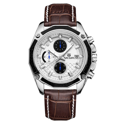 Front view of a white-dial MEGIR quartz watch with silver-tone case and brown stitched strap