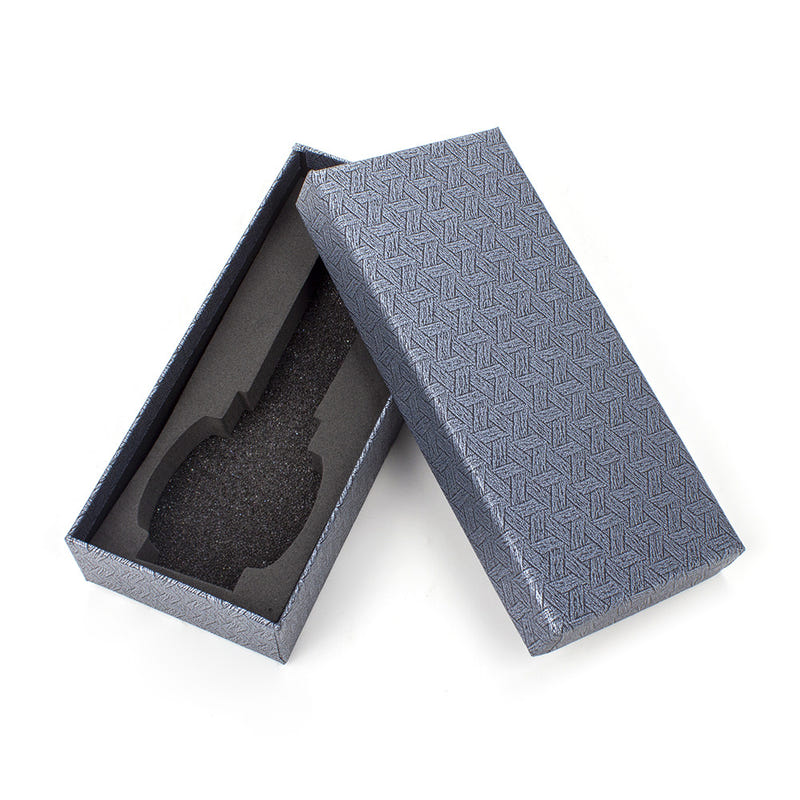 Watch presentation box with patterned lid and black foam insert