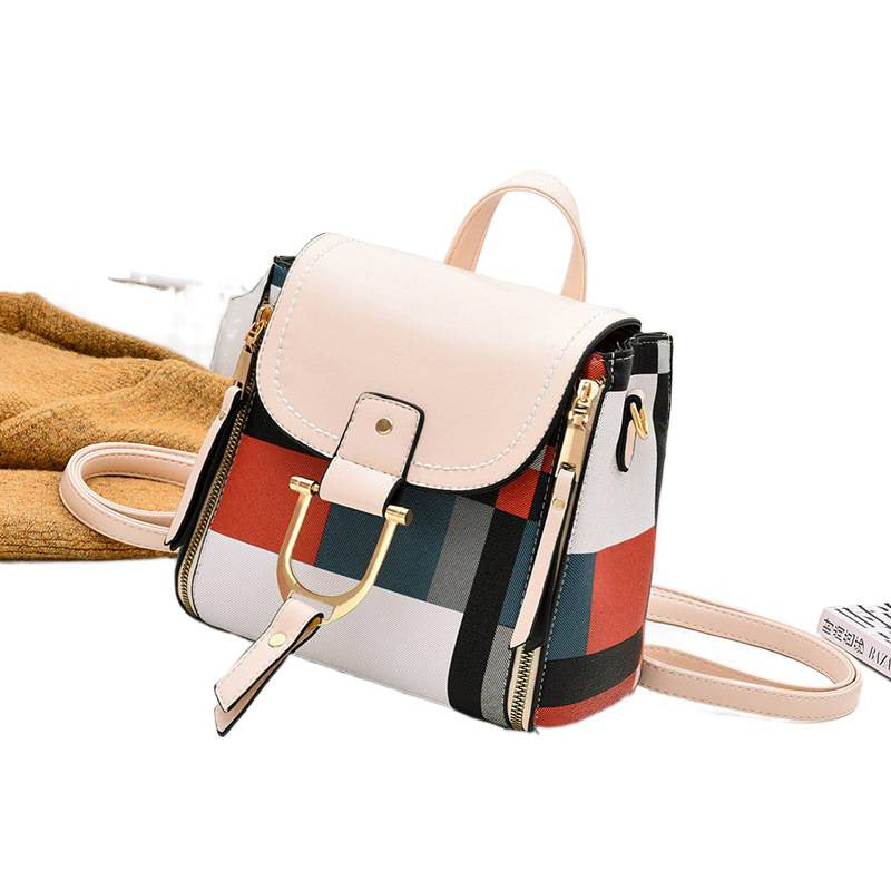 Cream plaid crossbody bag with top flap buckle and zip pocket