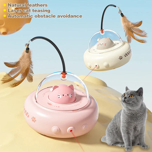 Automatic UFO cat laser and feather teaser toys, pink and cream domes with cat faces