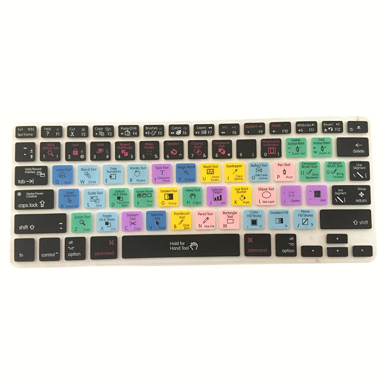 Mac laptop keyboard silicone cover with colorful shortcut stickers across the layout