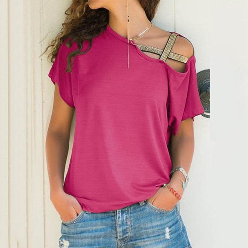 Diagonal cross irregular short sleeve T-shirt - YAXSO