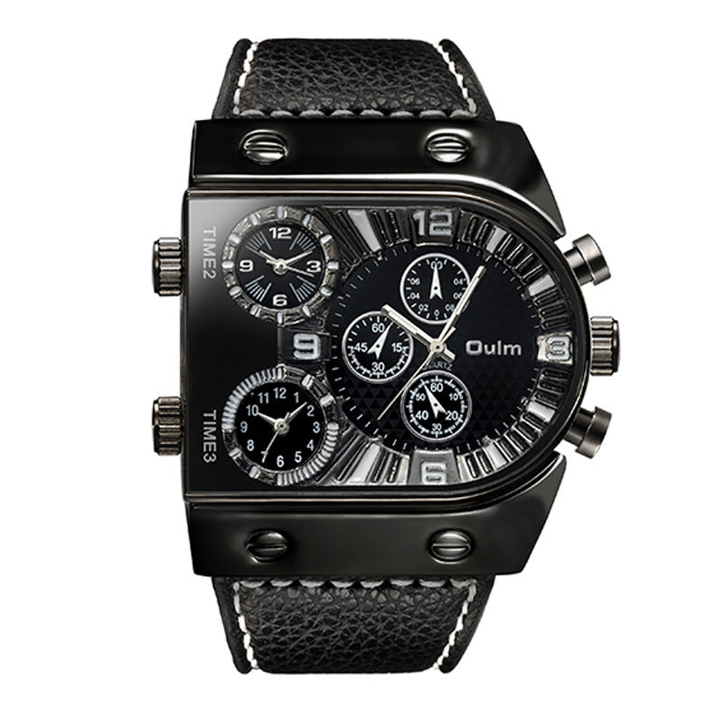 Black wristwatch with multiple sub-dials on a white background