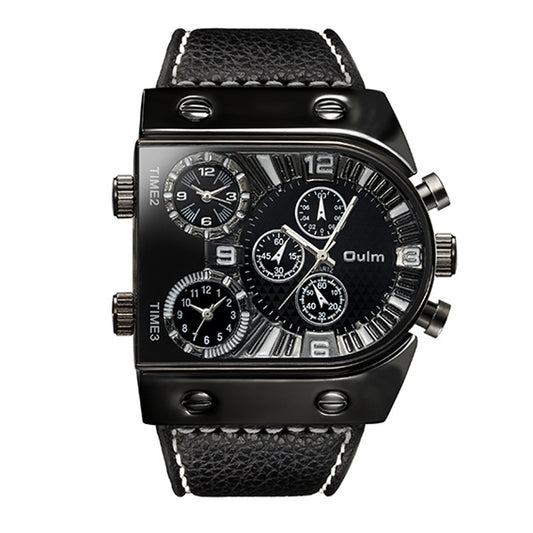 Black wristwatch with multiple sub-dials on a white background