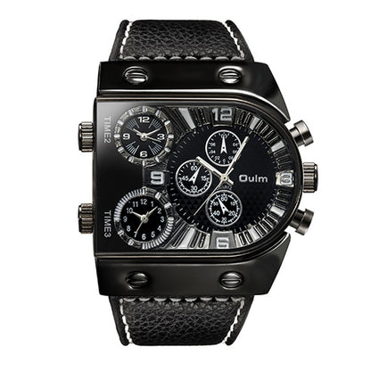 Black wristwatch with multiple sub-dials on a white background