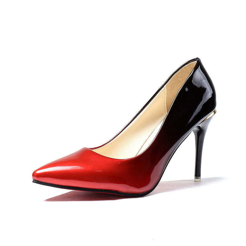 Women's high-heel shoes, red patent pointed toe with black heel, slim stiletto