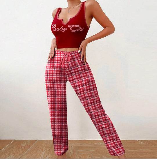 Spring Summer Women's Casual Pajamas Home Wear Vest Color Matching Plaid Trousers Letter Print Top Ladies 2 Pcs Home Clothes Sleepwear - YAXSO