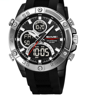Black and silver digital watch with multiple time zones on a white background