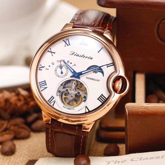 Mechanical tourbillon watch with white dial, Roman numerals, brown leather strap, gold case