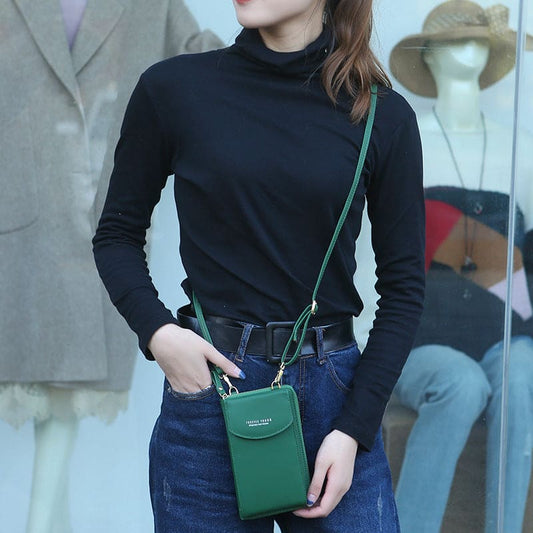 PU leather crossbody wallet purse in dark green with chain strap and top zip closure