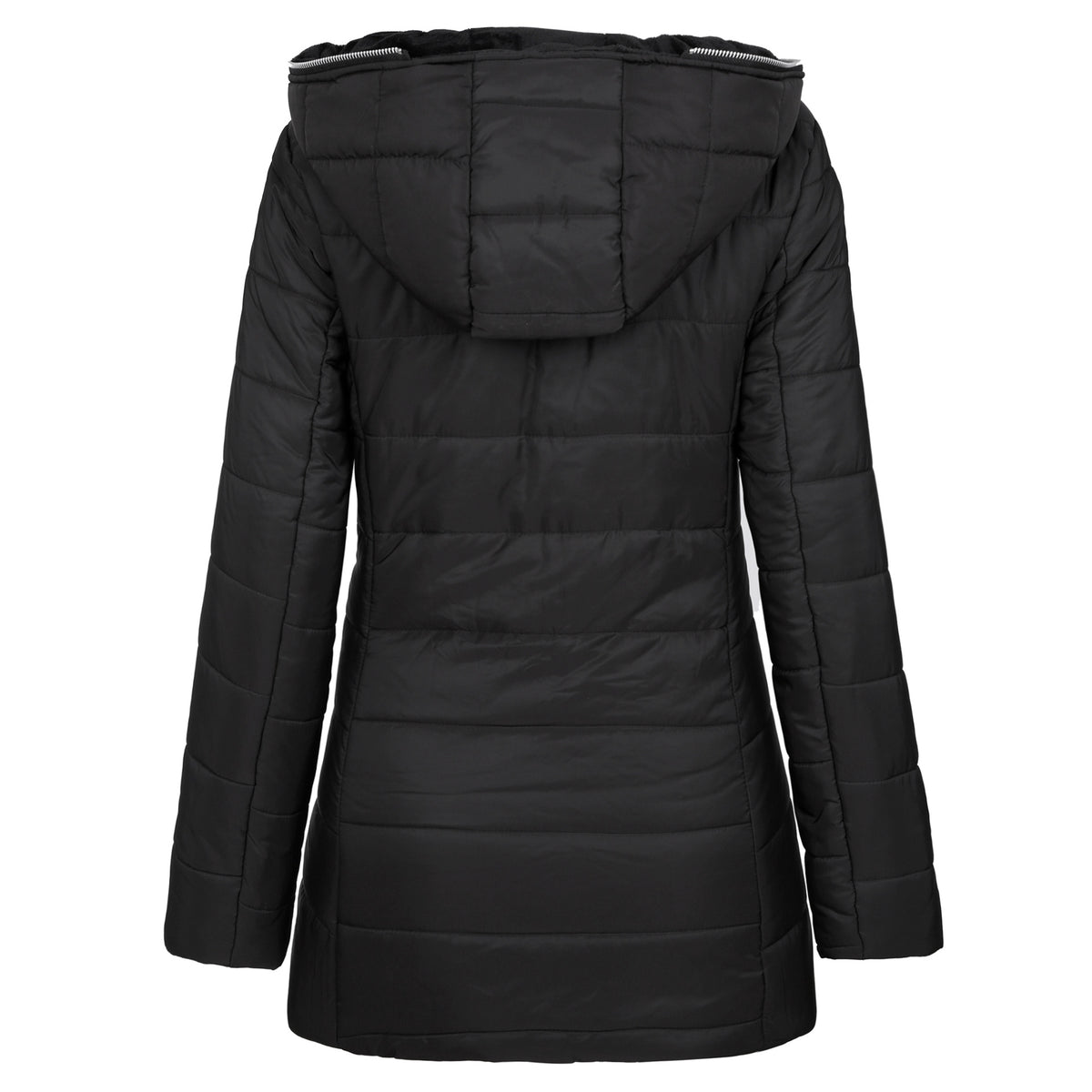 Black hooded quilted long-sleeve jacket with zip front; rear view.