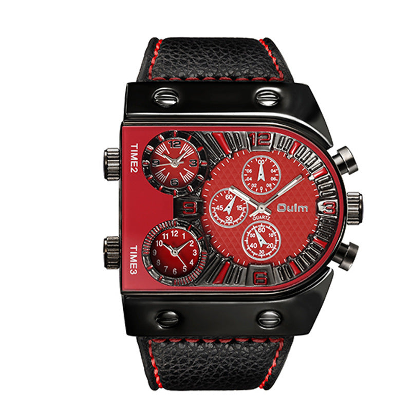 Wristwatch with red face and black strap on a white background