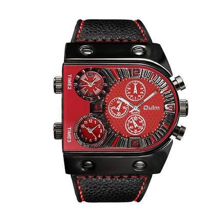Wristwatch with red face and black strap on a white background