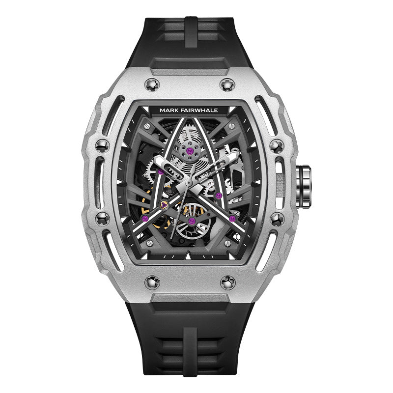 Luxury watch with black strap and silver case on a white background