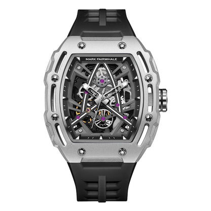 Luxury watch with black strap and silver case on a white background
