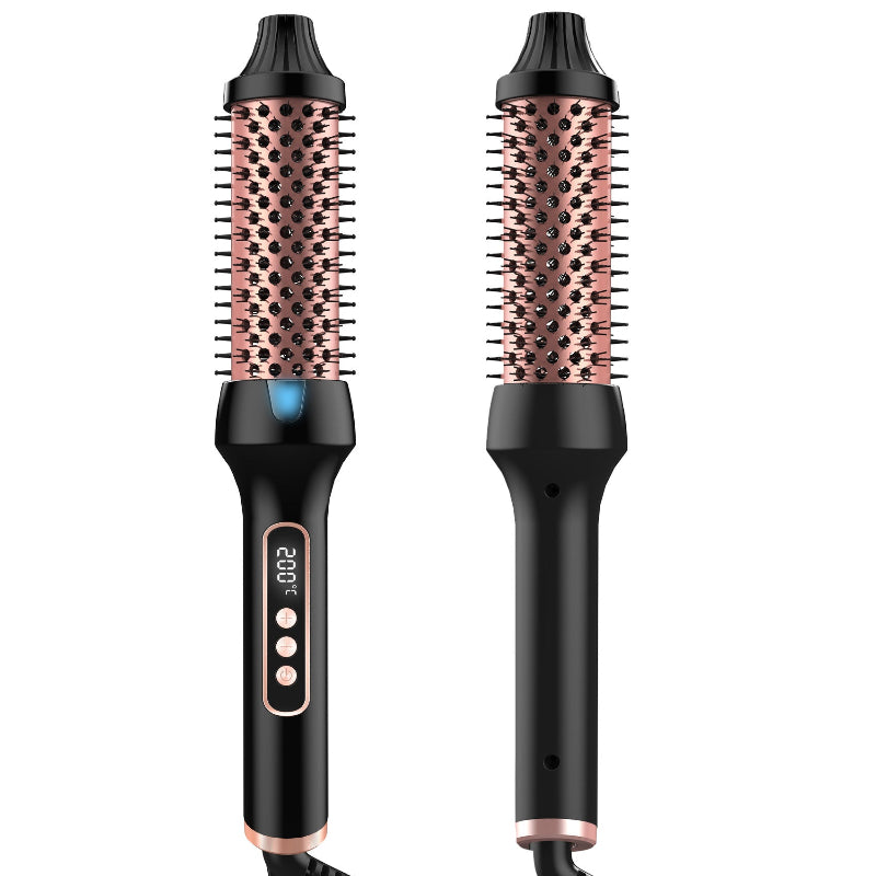 Two hair styling tools with rose gold bristle heads on a white background