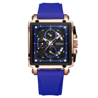Wristwatch with blue strap and rose gold casing on a white background