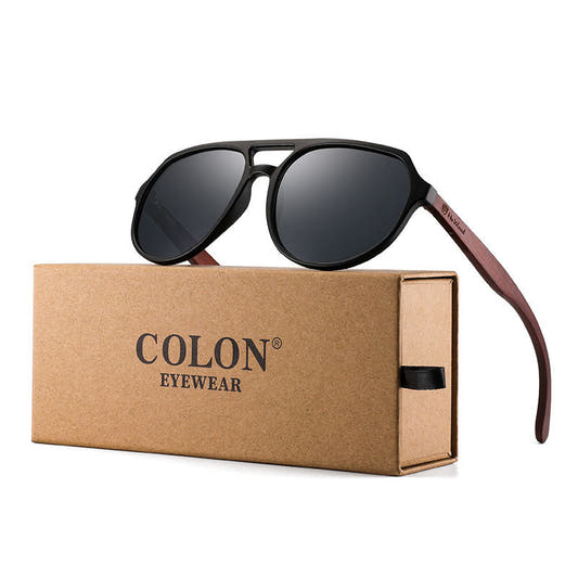 Polarized sunglasses with black frames, dark lenses, and brown wooden temples.