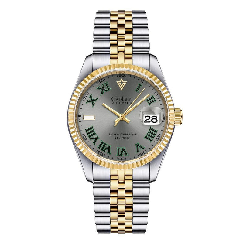 Men's automatic mechanical watch with silver bracelet, gold center links, and green dial