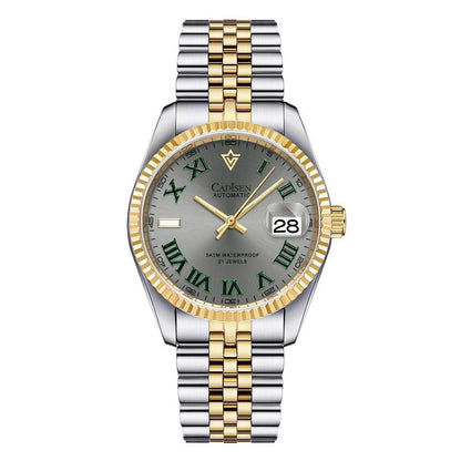 Men's automatic mechanical watch with silver bracelet, gold center links, and green dial