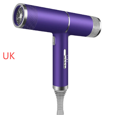 Purple hair dryer with silver accents on a white background, labeled 'UK'.