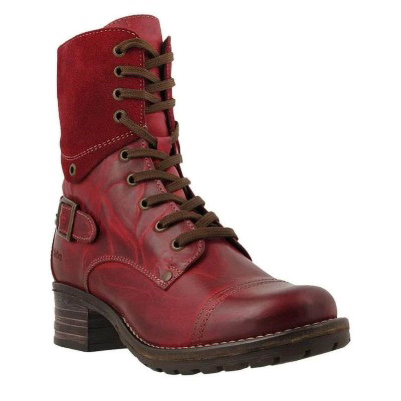 Red leather boot with brown laces on a white background
