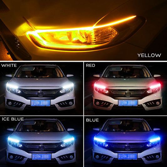 Car LED daytime running light strip with yellow flowing turn signal glow