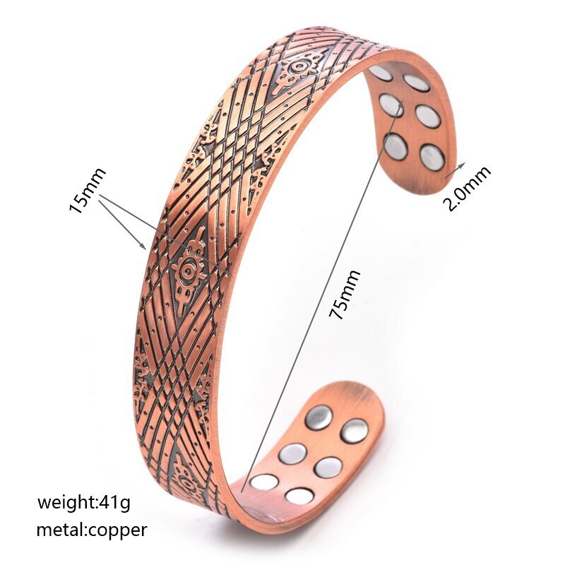Copper bracelet with measurements and weight details on a white background
