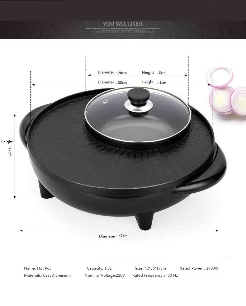 Hot pot with dimensions and specifications on a white background