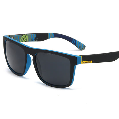 Sunglasses with blue and black frame on a white background