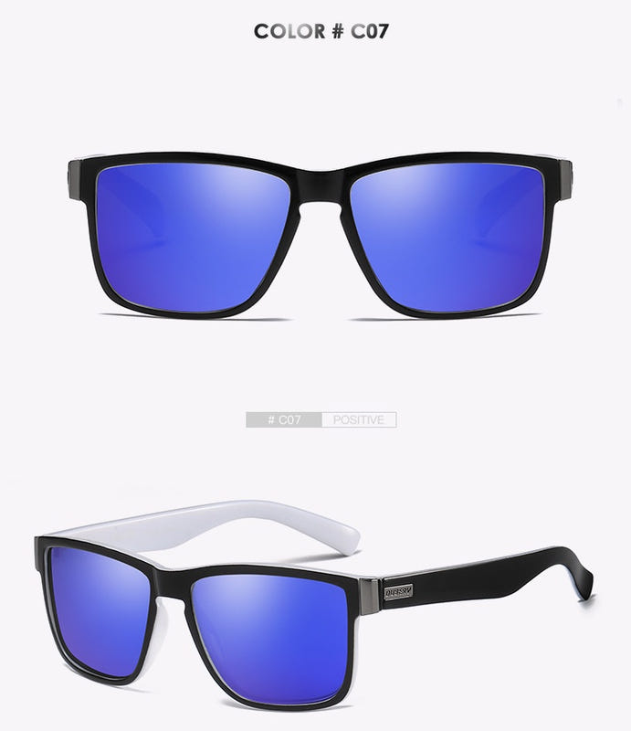 Men's polarized sunglasses with blue mirror lenses; white and black frames shown