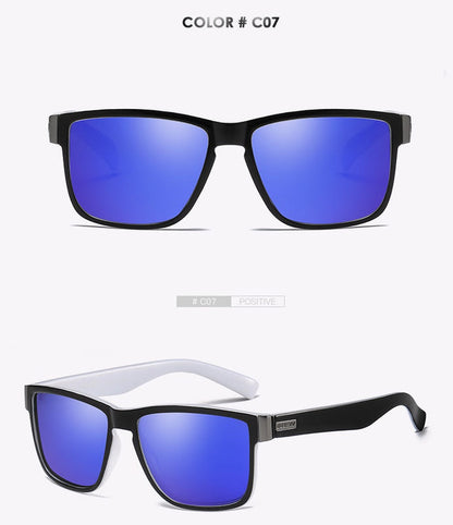 Men's polarized sunglasses with blue mirror lenses; white and black frames shown