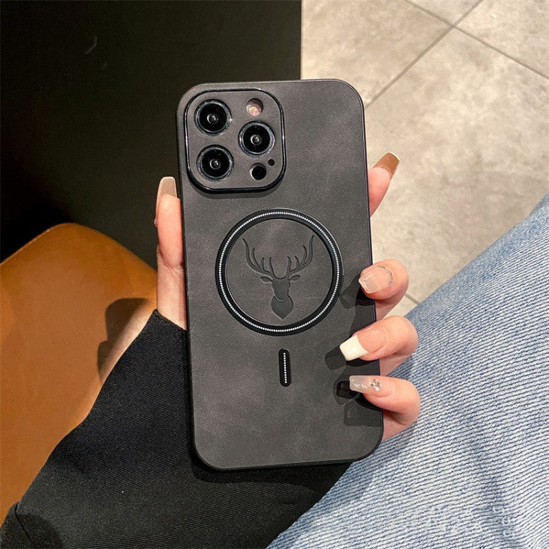Gray phone case with deer emblem circle, camera cutouts, and side speaker opening