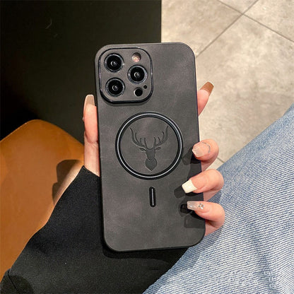 Dark gray phone case with deer emblem circle, triple camera cutouts, and side opening