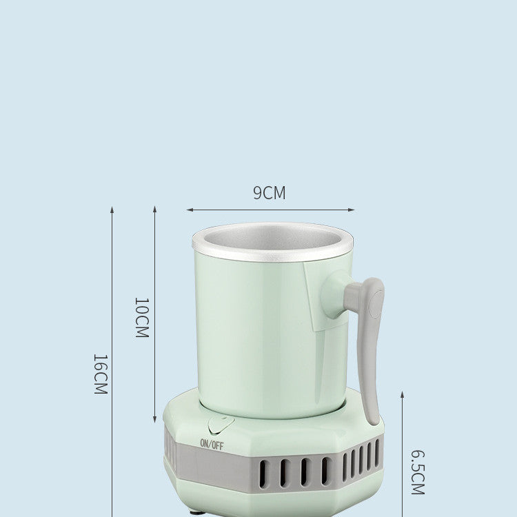 Green electric mug with dimensions on a light blue background