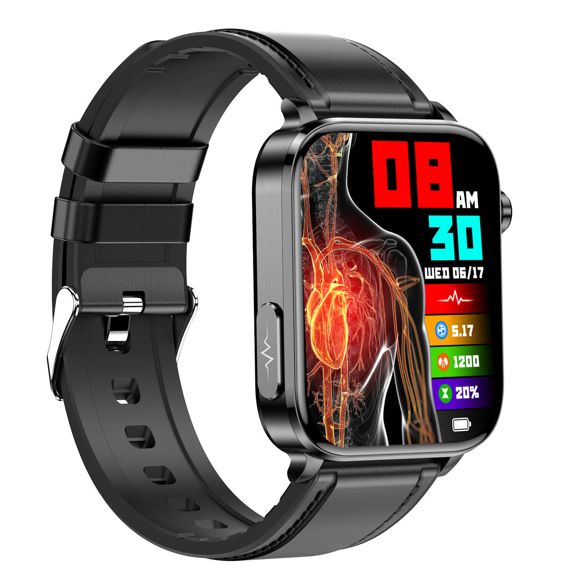 Bluetooth calling smart watch with black silicone strap, red medical heart watch face
